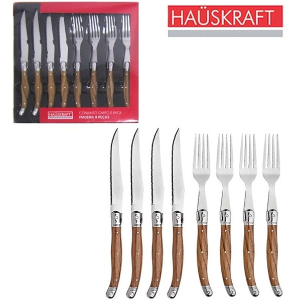 Conjunto Talheres / Faqueiro De Inox 8 Peças Cabo Madeira