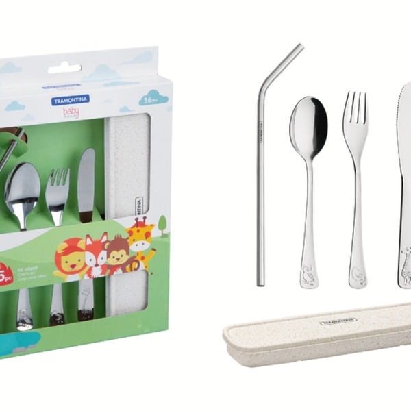 Conjunto Talheres Infantis Aço Inox Com Estojo 05 Peças Tramo