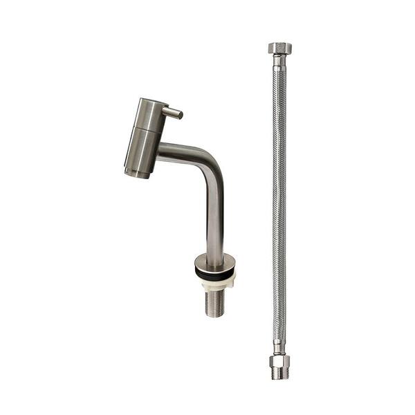 Conjunto Torneira Em Inox Escovado Bica Curta E Engate Inox