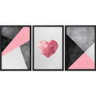 Conjunto Trio Quadros Coração Poligonal Sem Vidro Preto