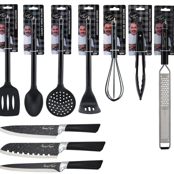 Conjunto Utensílios Cozinha Silicone Black Cabo Inox Premium