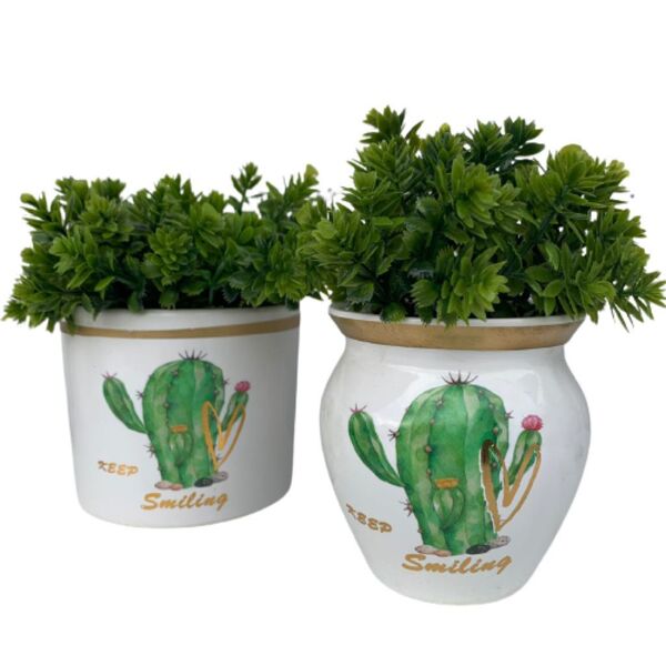 Conjunto Vaso Branco Decorativo De Cerâmica Estampa Cactos