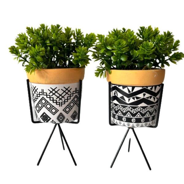 Conjunto Vaso De Cerâmica Artesanal Com Tripé De Metal