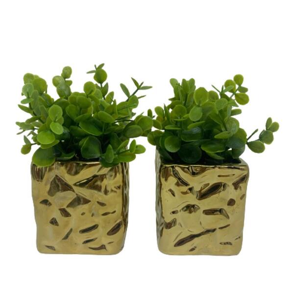 Conjunto Vaso De Cerâmica Dourado Com Planta Artificial