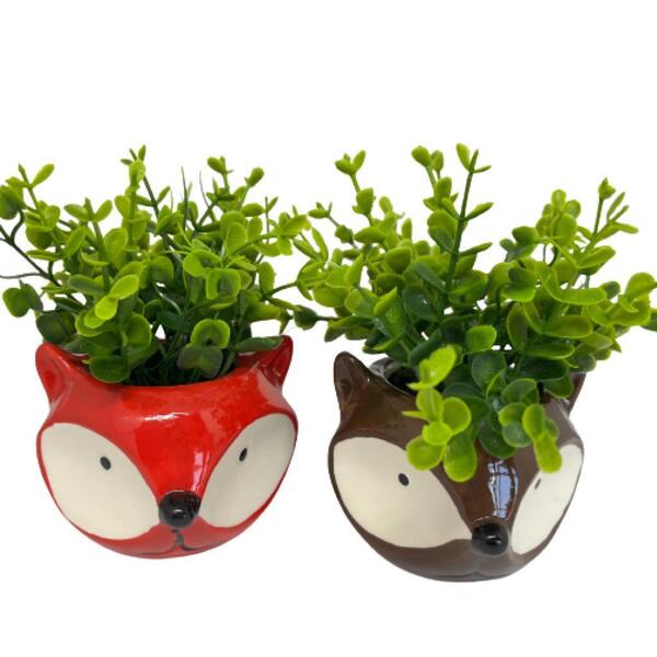 Conjunto Vaso De Raposa Decorativo Com Pintura Artesanal