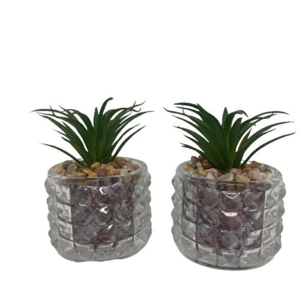 Conjunto Vaso De Vidro Trabalhado Com Suculenta Artificial