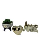 Conjunto Vaso Tripé, Coração Cerâmico E Palavra Amor Dourado