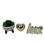 Conjunto Vaso Tripé, Coração Cerâmico E Palavra Amor Dourado