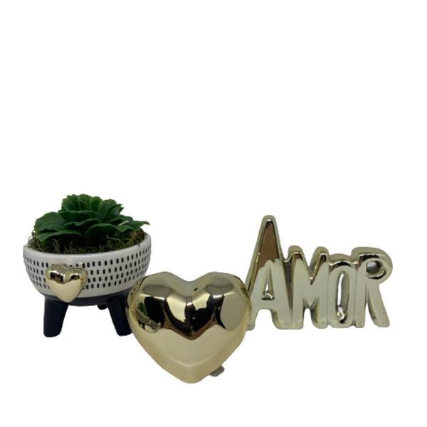 Conjunto Vaso Tripé, Coração Cerâmico E Palavra Amor Dourado