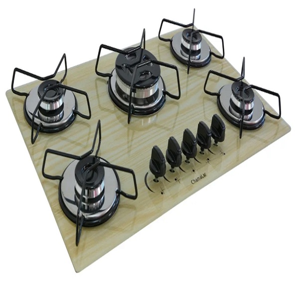 Cooktop 5 Bocas Gás Glp Amadeirado Claro Tripla Chama Bivolt