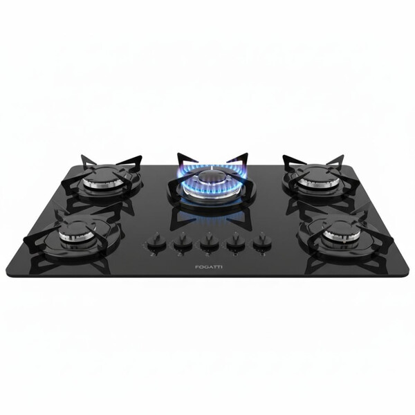 Cooktop Fogatti À Gás Fgt 5b Tc Vidro Preto Flange Esmaltada