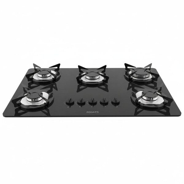 Cooktop Fogatti À Gás Fgt 5b Vidro Preto Flange Inox
