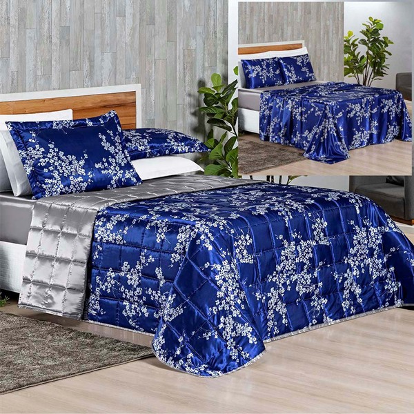 Coordenado Cobre Leito E Lençol Charme Queen 7 Peças - Azul