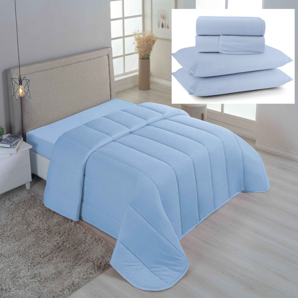 Coordenado Edredom E Lençol King Sereno Em Malha 5 Peças - Az