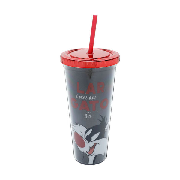 Copo Canudo Glitter Frajola Looney Tunes Preto 600 Ml