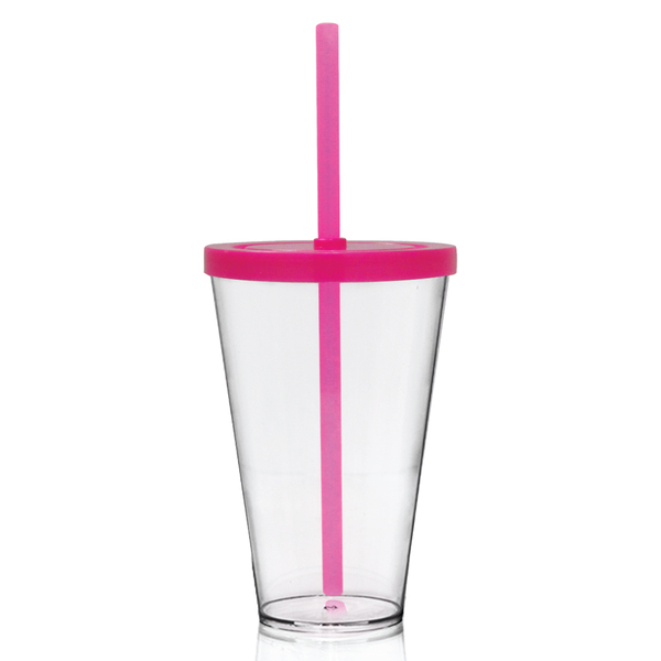 Copo Com Tampa E Canudo Rosa Acrílico 550 Ml