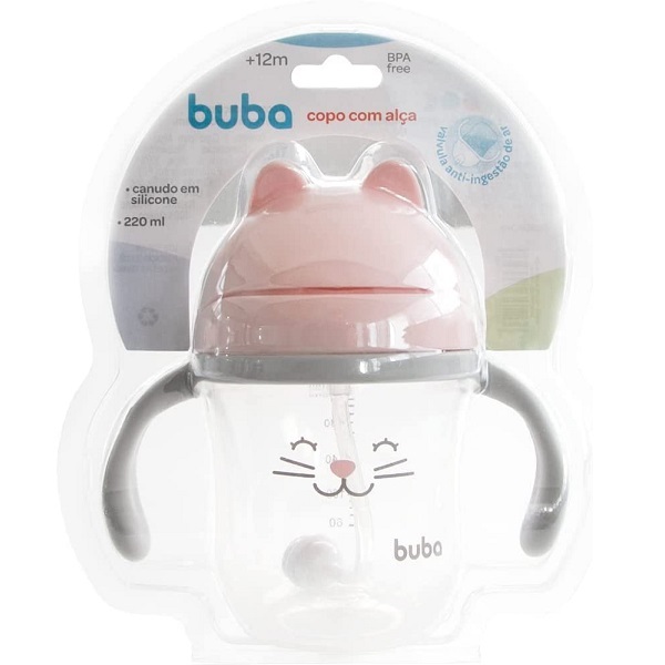 Copo De Treinamento Canudo Com Alça 220ml Buba - Gatinho Rosa