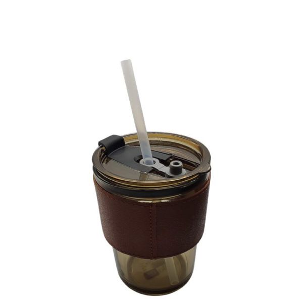 Copo Vidro 435ml Suporte Canudo Protetor Marrom Bebida