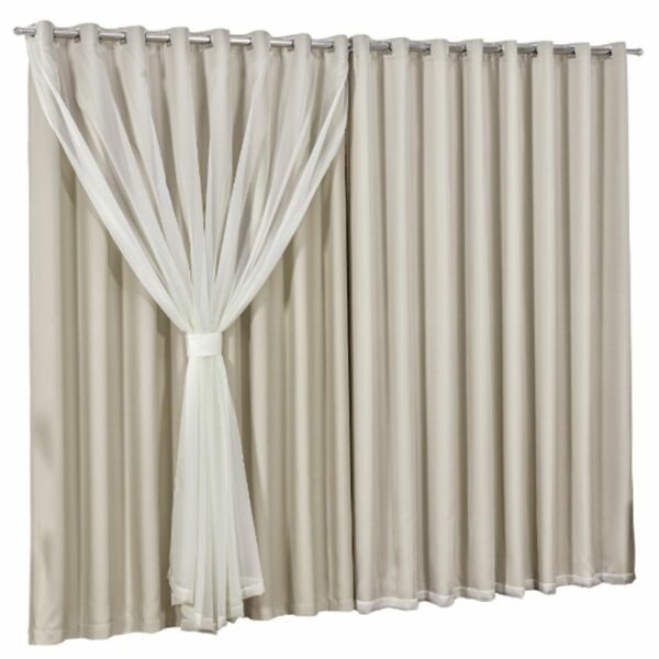 Cortina Blackout Com Voil 6,00x2,70 Para Varão Simples Palha