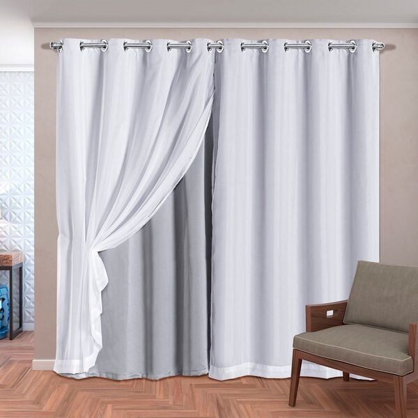 Cortina Blackout Em Tecido Class C/ Voil Gelo/branco Corta Lu