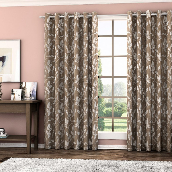 Cortina Blackout Folhas - Jacquard - Marrom - 4 00m X 2 50m -