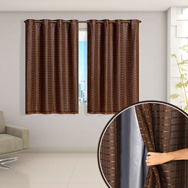 Cortina Blecaute Tabaco Com Voal Xadrez Corta Luz 100% 2,00m