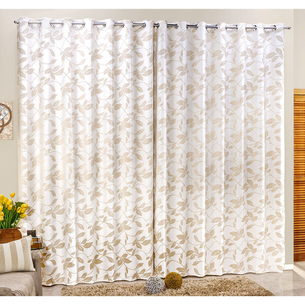 Cortina De Jacquard Folhas 3m X 2,60m Bege Para Varão Simples