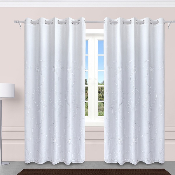 Cortina De Linho Bordado Branco Com Forro 2,65m X 3,90m