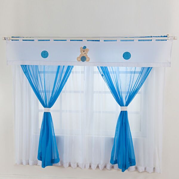 Cortina De Quarto Infantil Ursinho Azul Turquesa Em Voil - Ba