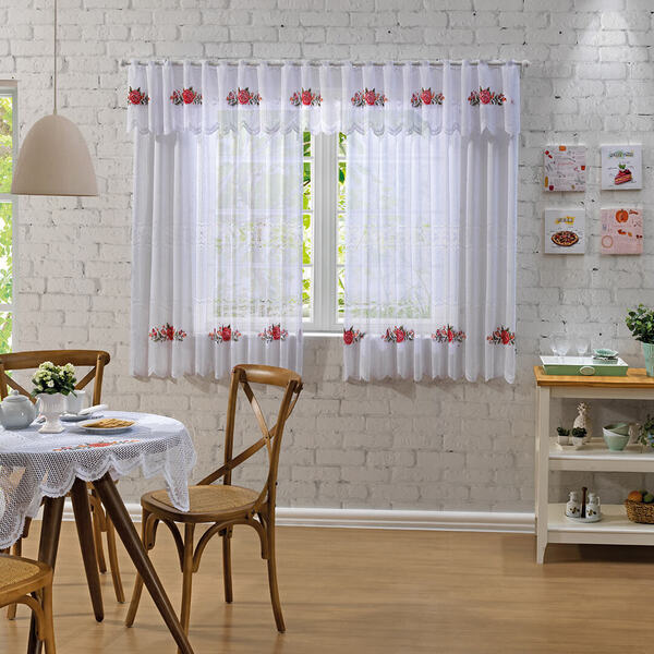 Cortina de Renda Cozinha Floral Vermelho 2,80m x 1,50m x 30cm