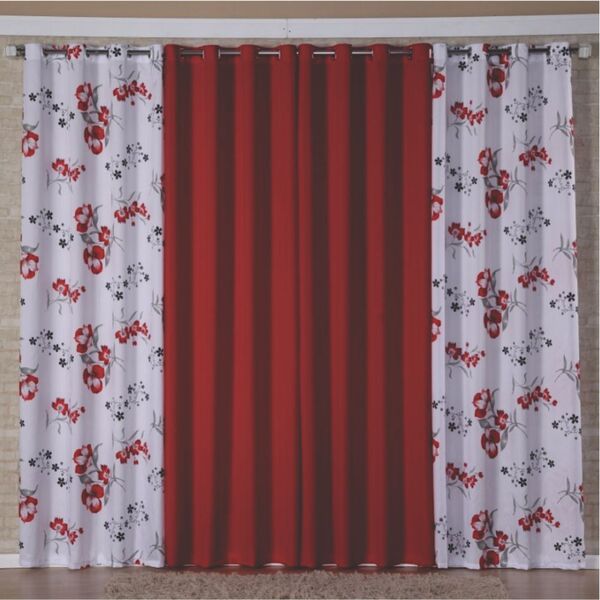 Cortina Floral Varão 4 Metros Sala Quarto - Vermelho Escuro 1