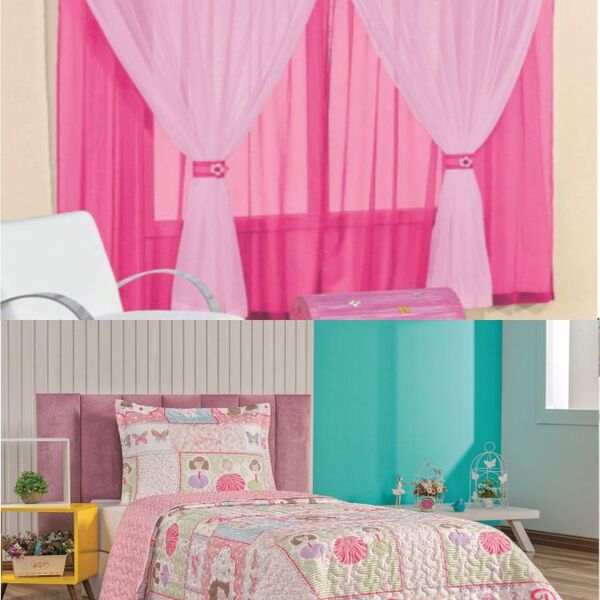 Cortina Juvenil Quarto Menina E Colcha Matelada Sara - Pink -