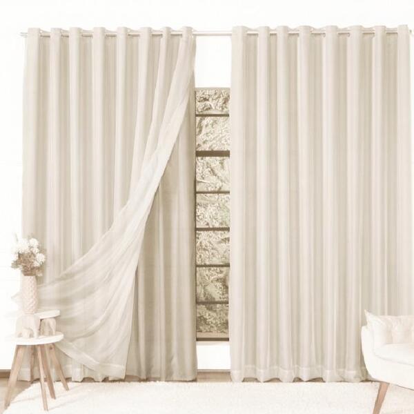 Cortina Microfibra Com Voil 4,00x2,30 Para Varão Simples Palha