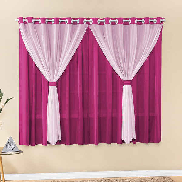 Cortina Pink Com Voal 3m X 2,50m Para Varão Simples