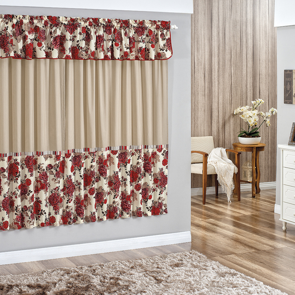 cortina sala quarto 2x1 80m romance percal 160 fios varao vermelha