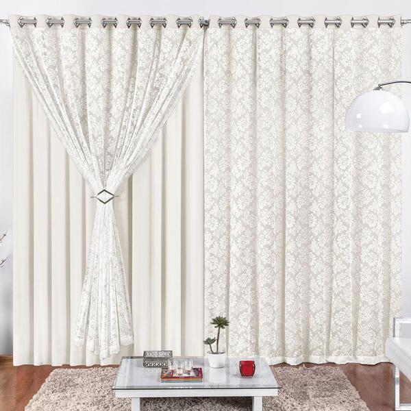 Cortina Serena Para Trilho Comum Tecido Renda Floral E Malha