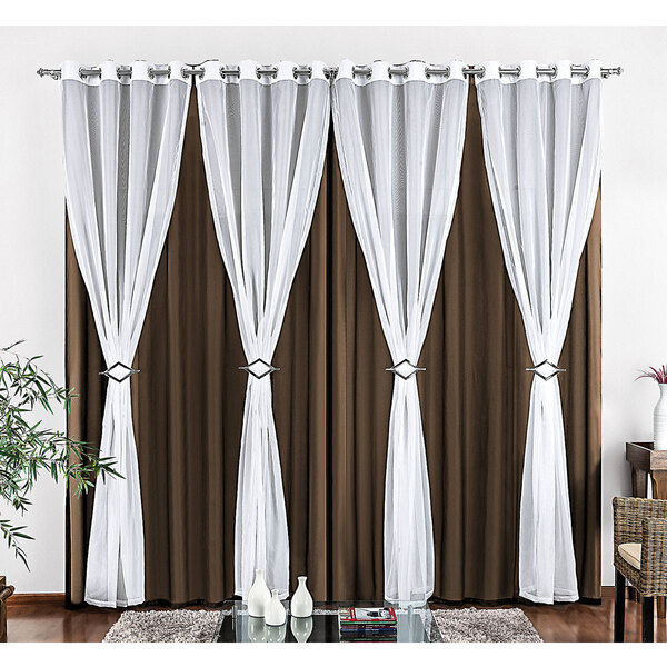 Cortina Tabaco Com Voil Branco Para Sala Ou Quarto 3m X 2,80m
