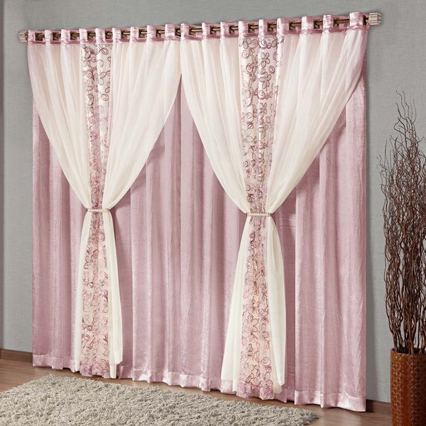 Cortina Topázio Varão Cetim Amassado E Voal Decorado 3 00m X