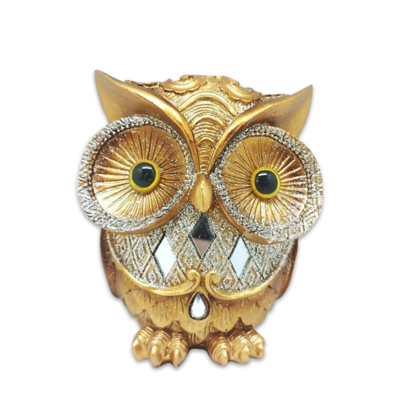 Coruja De Resina Dourada Com Brilho Prata 10 Cm Enfeite