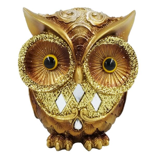 Coruja De Resina Dourada Com Brilho Prata 10 Cm Enfeite