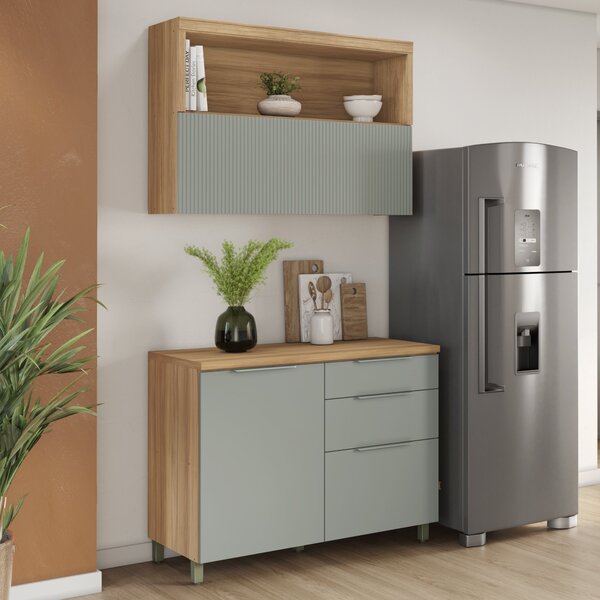 Cozinha 2 Peças Com Balcão 1 Porta 3 Gavetas E Armário Aéreo