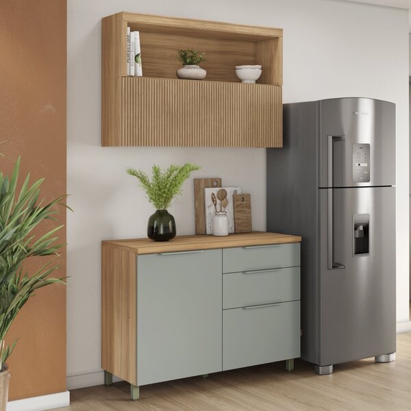 Cozinha 2 Peças Com Balcão 1 Porta 3 Gavetas E Armário Aéreo