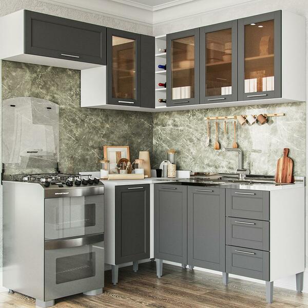 Cozinha 5 Módulos 8 Portas 3 Gavetas Puxador Inox Fettuccine