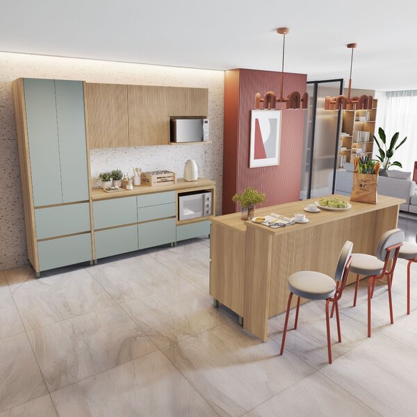 Cozinha 8 Peças 8 Portas 12 Gavetas Forno Ilha Ripado Rainha