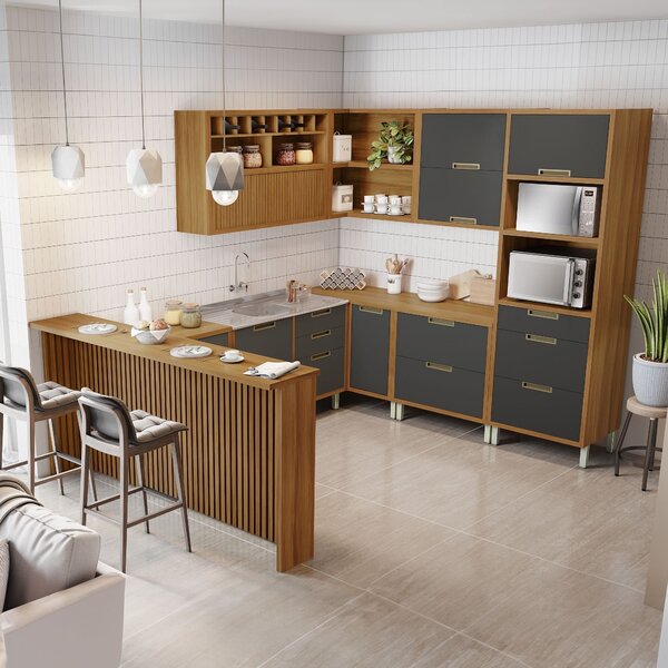 Cozinha 9 Peças Imperatriz Gourmet Ripado Canto  100% Mdf Fre