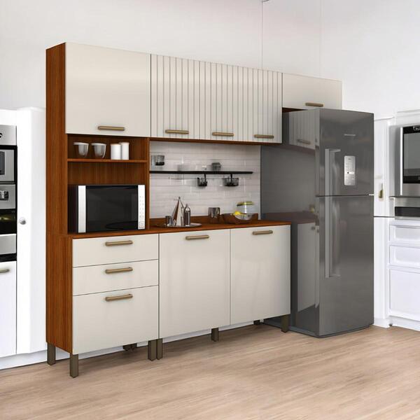 Cozinha  Bruges  Com Torre Balcão Armário Cinamomo E Off White