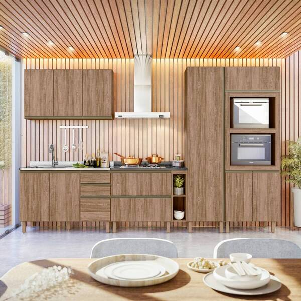 Cozinha Charles Com Tampo Cooktop 25mm 10 Portas Carvalho Tan