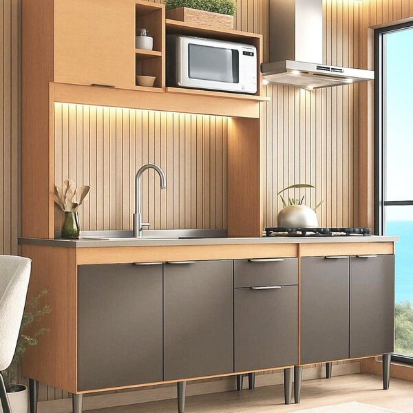 Cozinha Compacta 120cm Com Balcão Cooktop Elegance Freijó / G