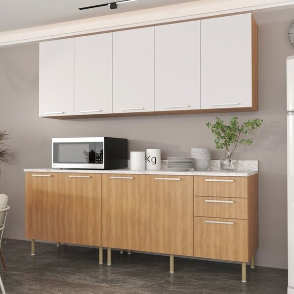 Cozinha Compacta 200cm 5 Peças, 9 Portas E 3 Gavetas Freijó/b