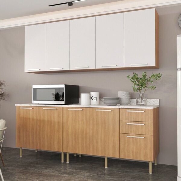Cozinha Compacta 200cm 6 Peças, 9 Portas E 3 Gavetas Freijó/b